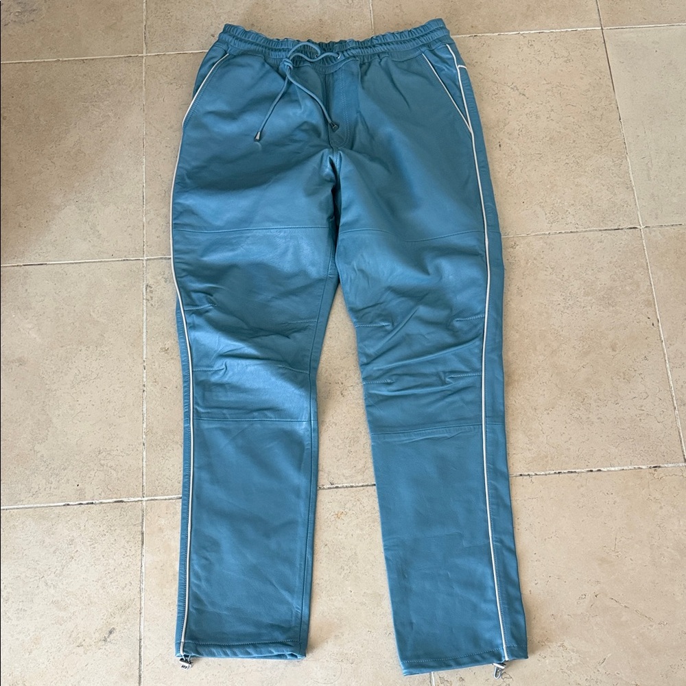 Men's Teal Leather Drawstring Joggers with Contrast Piping